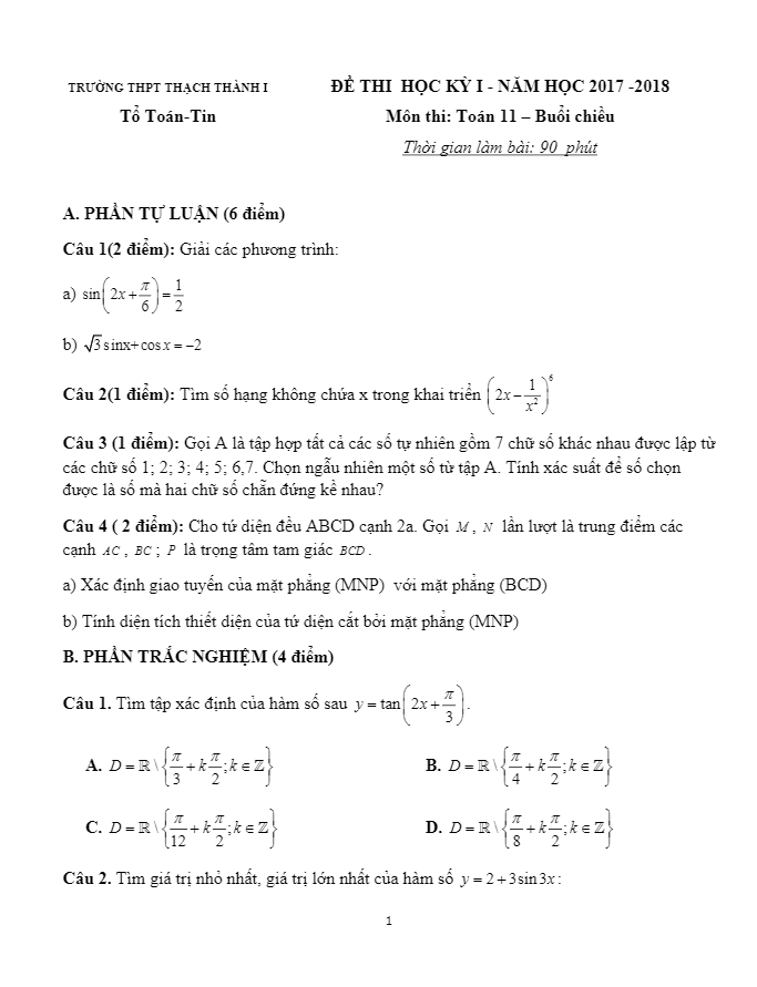 Đề thi học kì 1 (HK1) lớp 11 môn Toán năm học 2017 2018 trường THPT Thạch Thành 1 Thanh Hóa