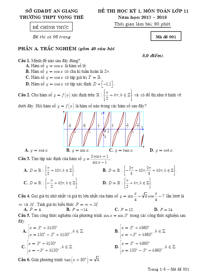 Đề thi học kì 1 (HK1) lớp 11 môn Toán năm học 2017 2018 trường THPT Vọng Thê An Giang