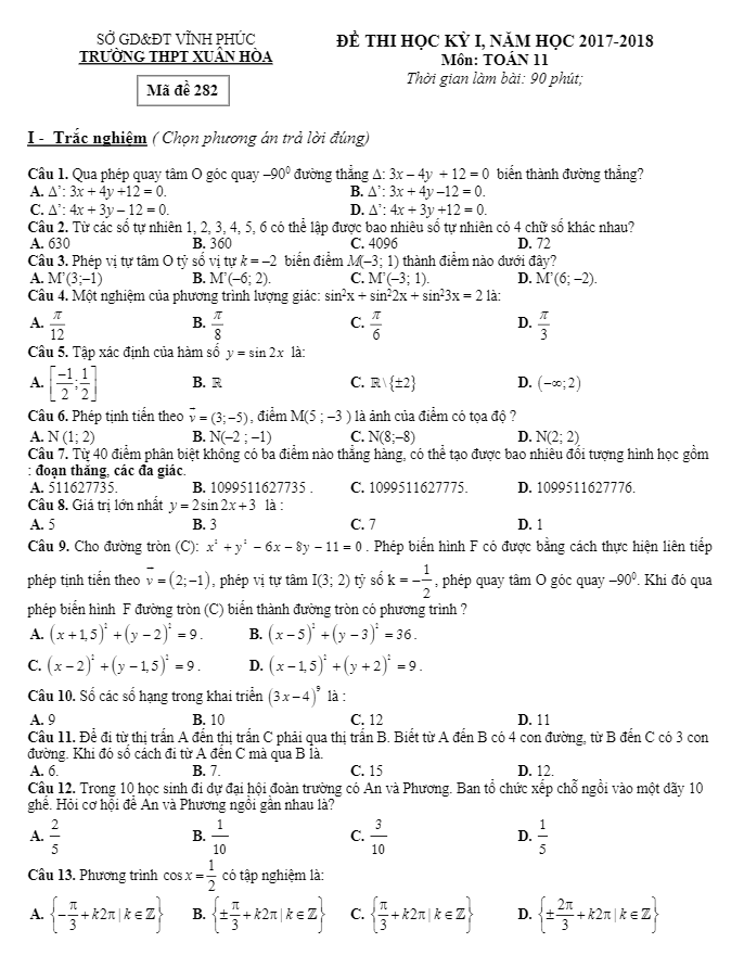 Đề thi học kì 1 (HK1) lớp 11 môn Toán năm học 2017 2018 trường THPT Xuân Hòa Vĩnh Phúc