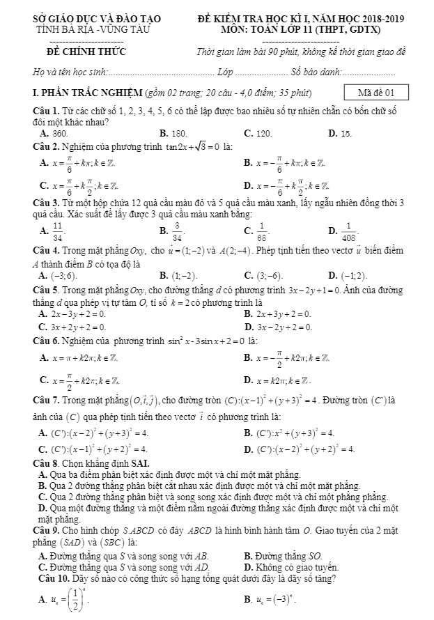 Đề thi học kì 1 (HK1) lớp 11 môn Toán năm học 2018 2019 sở GD và ĐT Bà Rịa Vũng Tàu
