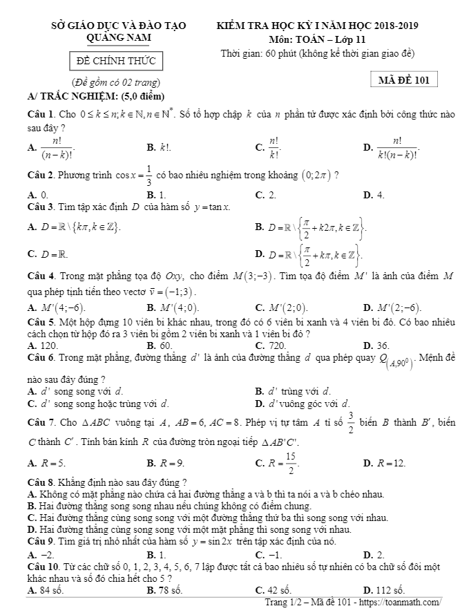 Đề thi học kì 1 (HK1) lớp 11 môn Toán năm học 2018 2019 sở GD và ĐT Quảng Nam