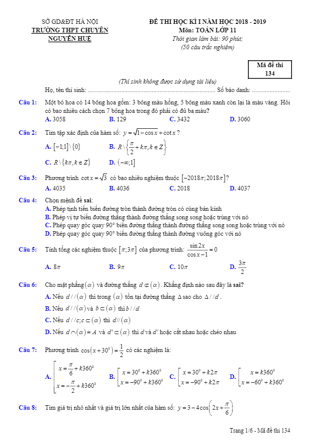 Đề thi học kì 1 (HK1) lớp 11 môn Toán năm học 2018 2019 trường chuyên Nguyễn Huệ Hà Nội