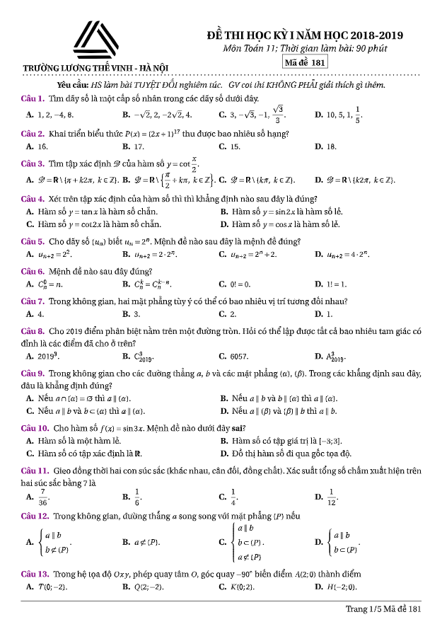 Đề thi học kì 1 (HK1) lớp 11 môn Toán năm học 2018 2019 trường Lương Thế Vinh Hà Nội