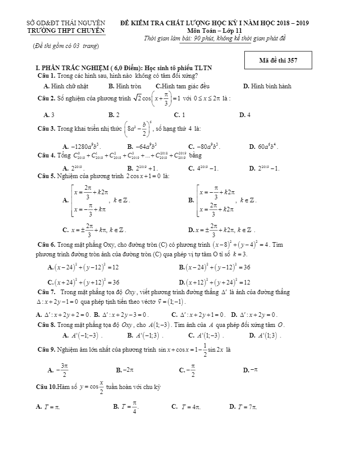 Đề thi học kì 1 (HK1) lớp 11 môn Toán năm học 2018 2019 trường THPT chuyên Thái Nguyên