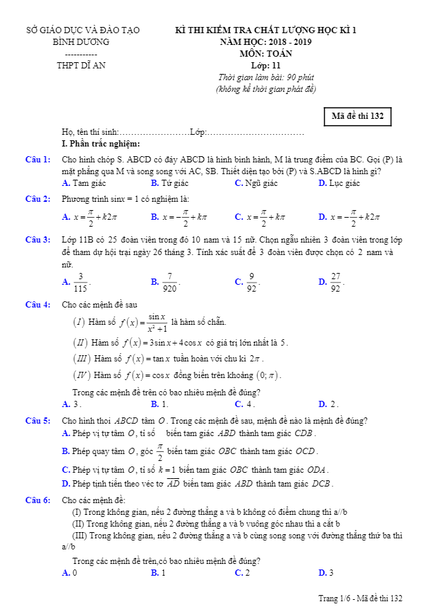 Đề thi học kì 1 (HK1) lớp 11 môn Toán năm học 2018 2019 trường THPT Dĩ An Bình Dương