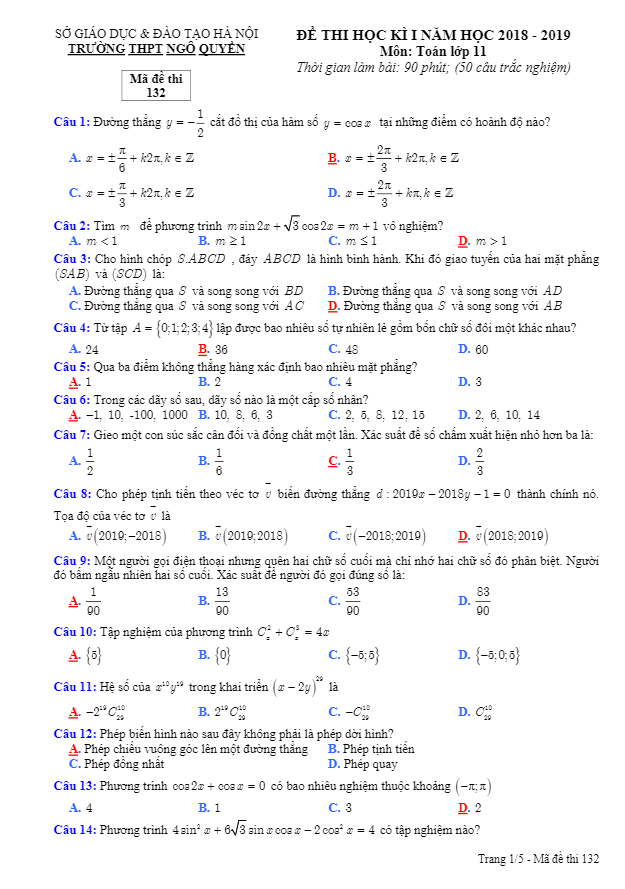 Đề thi học kì 1 (HK1) lớp 11 môn Toán năm học 2018 2019 trường THPT Ngô Quyền Hà Nội