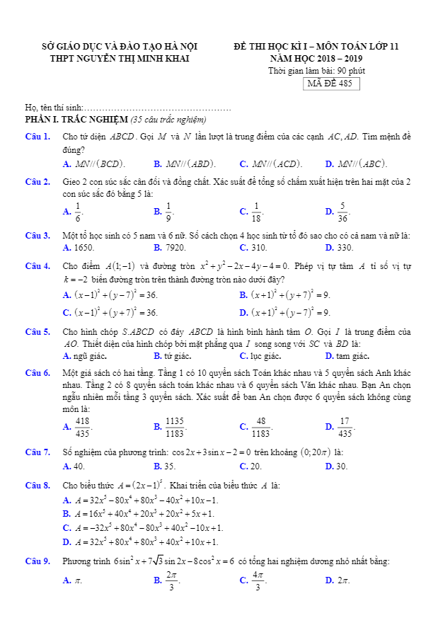 Đề thi học kì 1 (HK1) lớp 11 môn Toán năm học 2018 2019 trường THPT Nguyễn Thị Minh Khai Hà Nội
