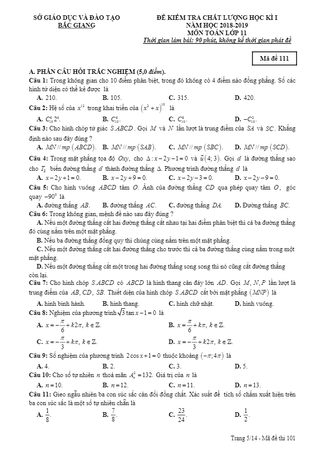 Đề thi học kì 1 (HK1) lớp 11 môn Toán năm học 2018 – 2019 sở GD và ĐT Bắc Giang