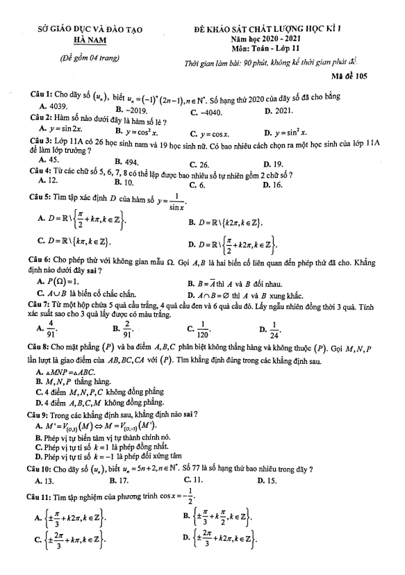 Đề thi học kì 1 (HK1) lớp 11 môn Toán năm học 2020 2021 sở GD ĐT Hà Nam