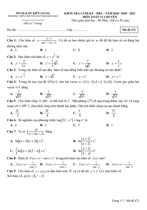 Đề thi học kì 1 (HK1) lớp 12 môn Toán chuyên năm 2020 2021 trường chuyên Huỳnh Mẫn Đạt Kiên Giang