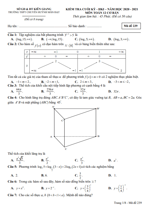 Đề thi học kì 1 (HK1) lớp 12 môn Toán cơ bản năm 2020 2021 trường chuyên Huỳnh Mẫn Đạt Kiên Giang