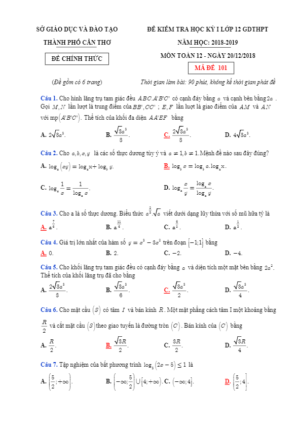 Đề thi học kì 1 (HK1) lớp 12 môn Toán GDTHPT năm học 2018 2019 sở GD và ĐT thành phố Cần Thơ