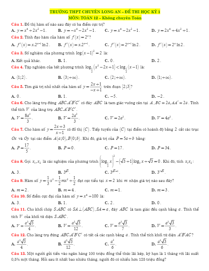 Đề thi học kì 1 (HK1) lớp 12 môn Toán không chuyên năm học 2017 2018 trường THPT chuyên Long An