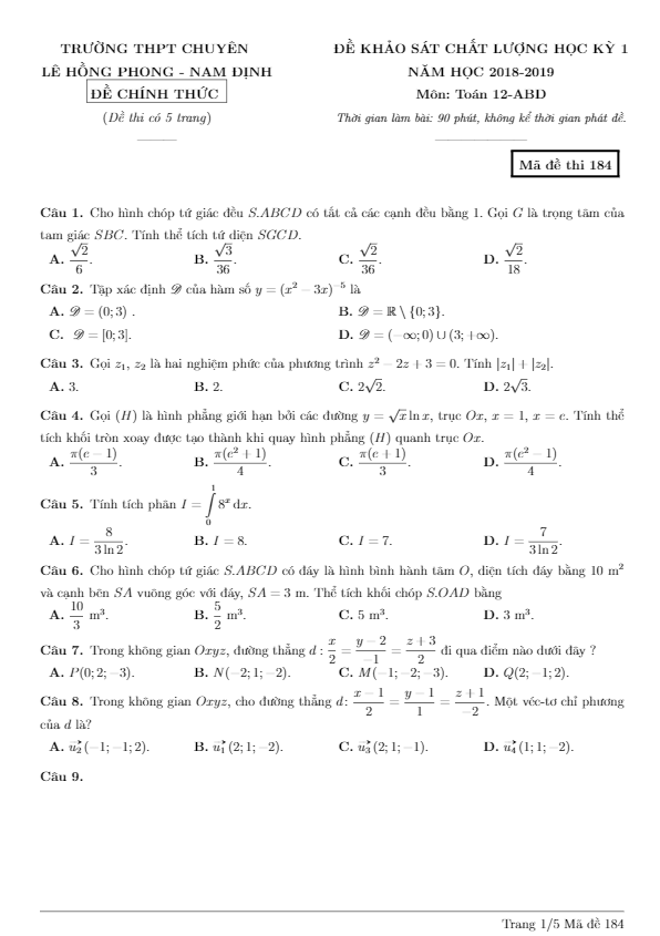 Đề thi học kì 1 (HK1) lớp 12 môn Toán năm 2018 2019 trường chuyên Lê Hồng Phong Nam Định