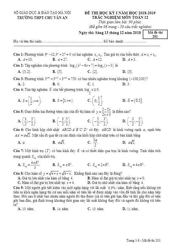 Đề thi học kì 1 (HK1) lớp 12 môn Toán năm 2018 2019 trường THPT Chu Văn An Hà Nội