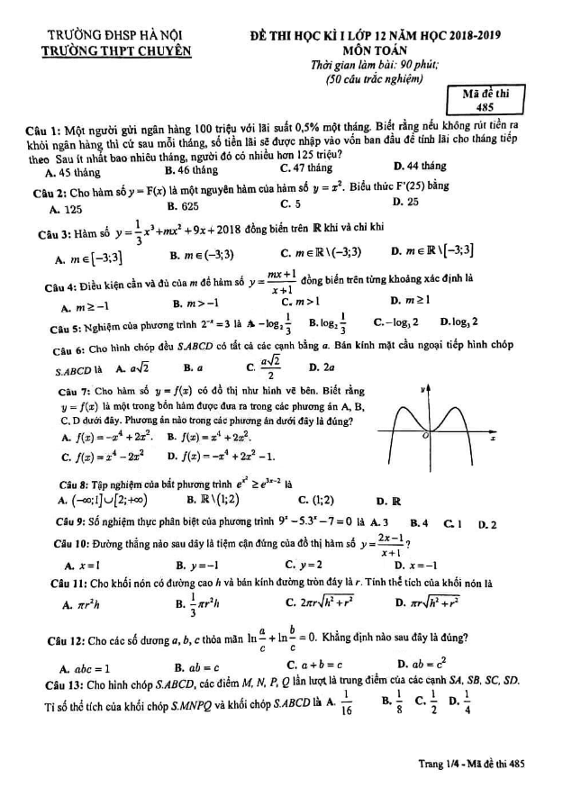 Đề thi học kì 1 (HK1) lớp 12 môn Toán năm 2018 2019 trường THPT chuyên ĐHSP Hà Nội