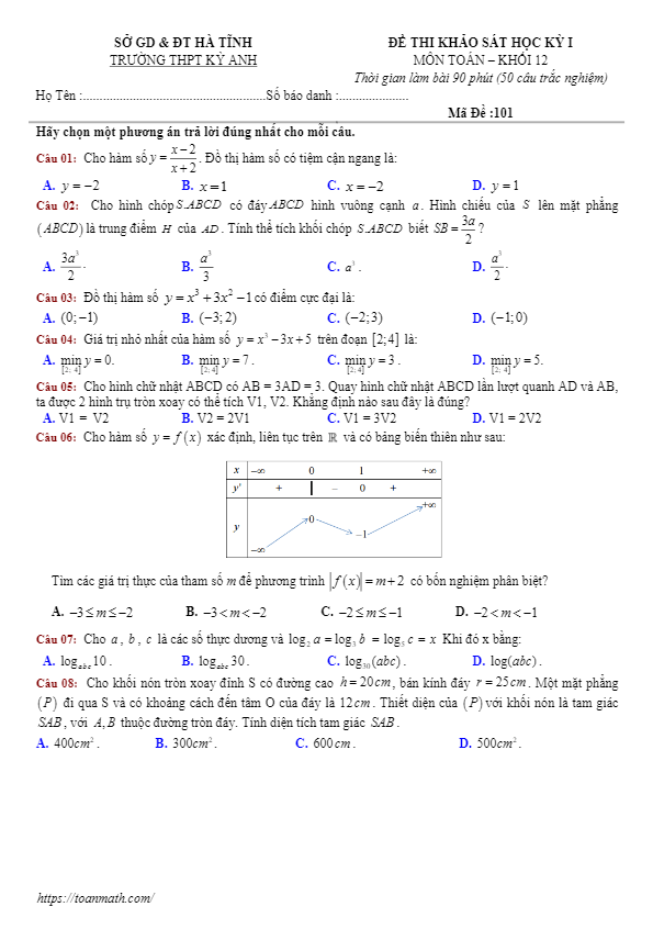 Đề thi học kì 1 (HK1) lớp 12 môn Toán năm 2018 2019 trường THPT Kỳ Anh Hà Tĩnh