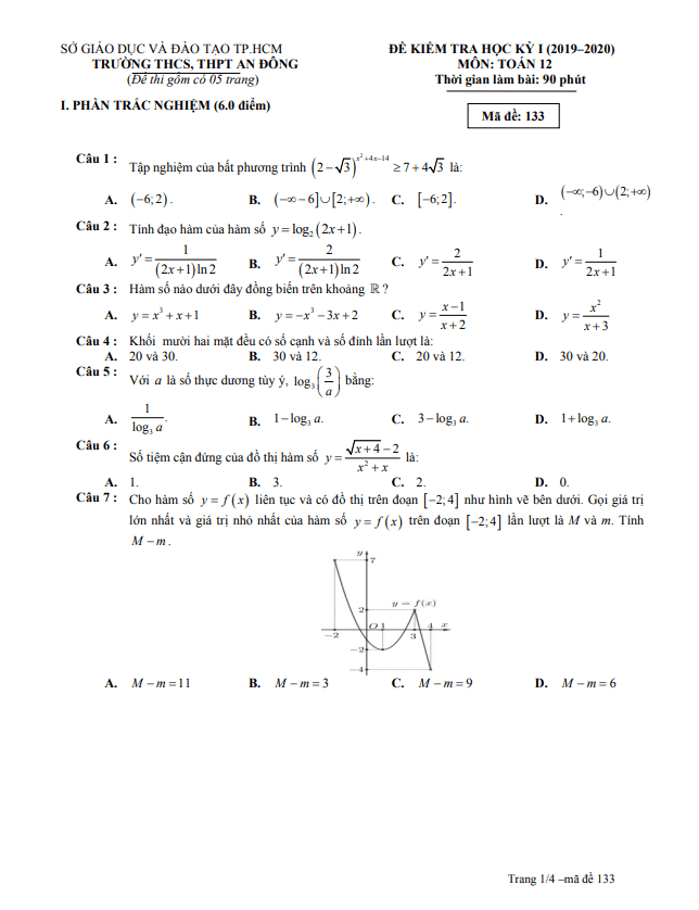 Đề thi học kì 1 (HK1) lớp 12 môn Toán năm 2019 2020 trường An Đông TP HCM