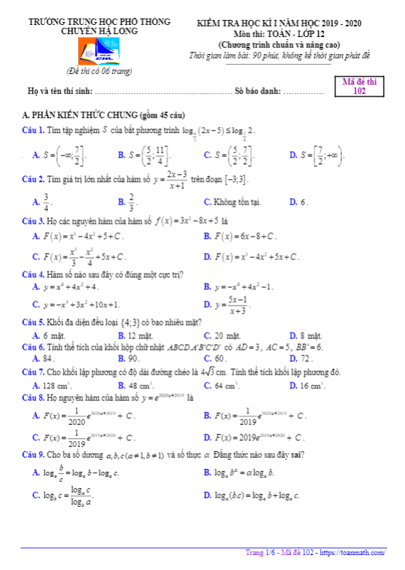 Đề thi học kì 1 (HK1) lớp 12 môn Toán năm 2019 2020 trường chuyên Hạ Long Quảng Ninh