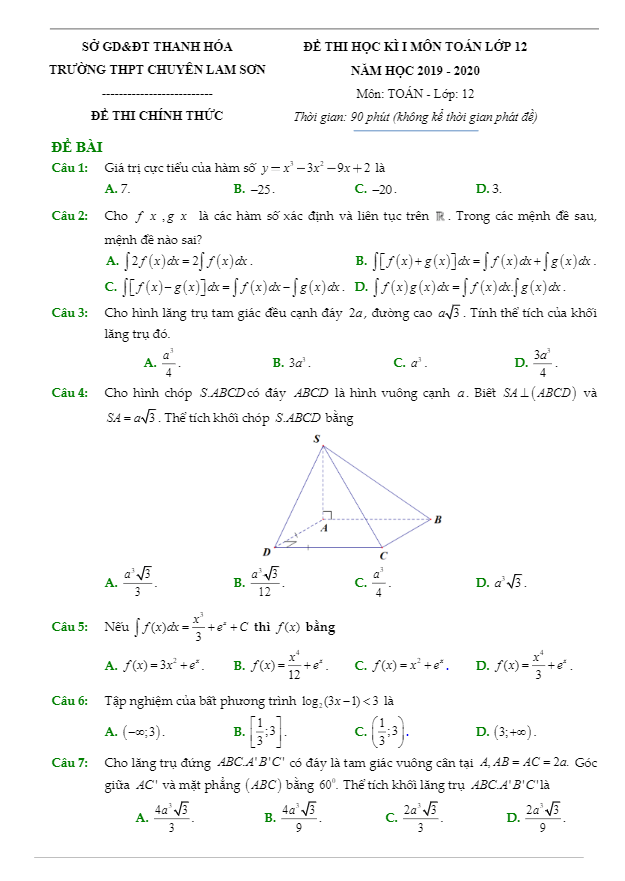 Đề thi học kì 1 (HK1) lớp 12 môn Toán năm 2019 2020 trường chuyên Lam Sơn Thanh Hóa