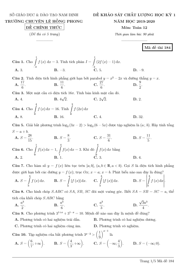 Đề thi học kì 1 (HK1) lớp 12 môn Toán năm 2019 2020 trường chuyên Lê Hồng Phong Nam Định