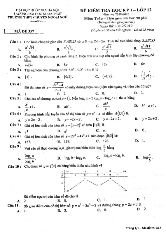 Đề thi học kì 1 (HK1) lớp 12 môn Toán năm 2019 2020 trường chuyên Ngoại Ngữ Hà Nội