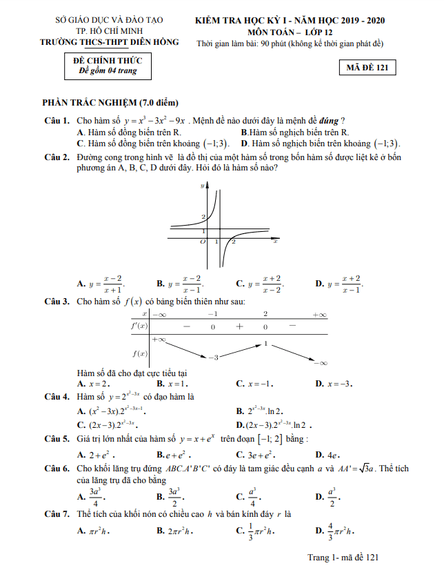 Đề thi học kì 1 (HK1) lớp 12 môn Toán năm 2019 2020 trường Diên Hồng TP HCM