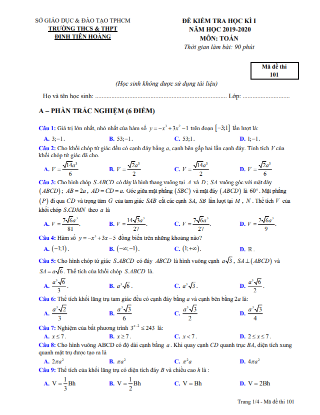 Đề thi học kì 1 (HK1) lớp 12 môn Toán năm 2019 2020 trường Đinh Tiên Hoàng TP HCM