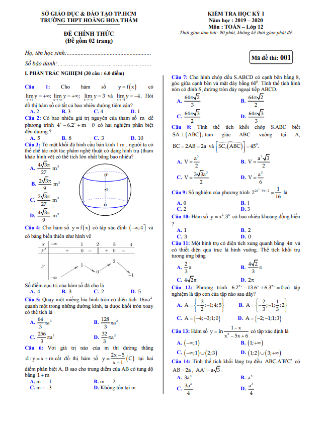 Đề thi học kì 1 (HK1) lớp 12 môn Toán năm 2019 2020 trường Hoàng Hoa Thám TP HCM
