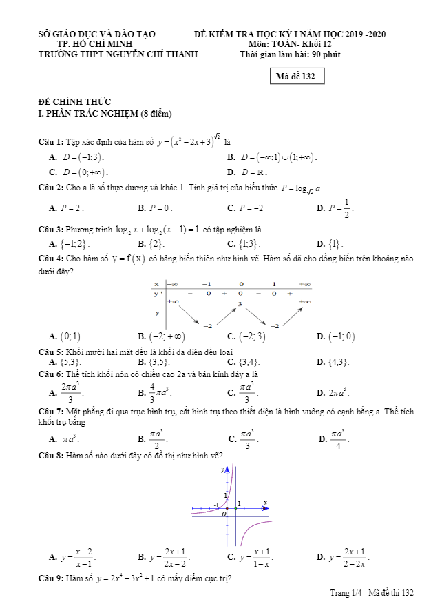 Đề thi học kì 1 (HK1) lớp 12 môn Toán năm 2019 2020 trường Nguyễn Chí Thanh TP HCM