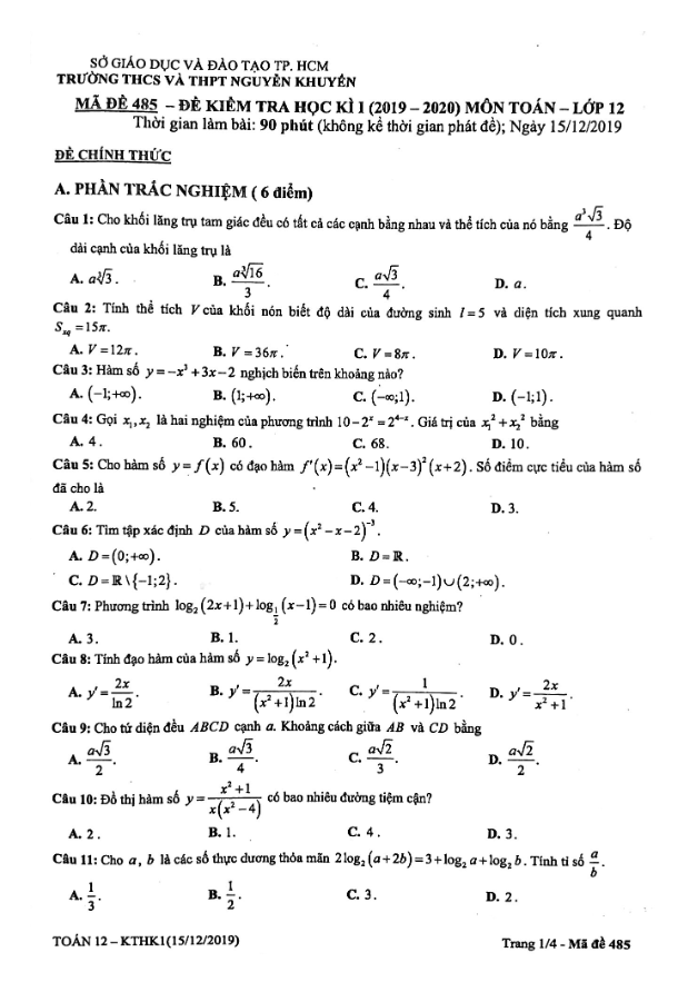 Đề thi học kì 1 (HK1) lớp 12 môn Toán năm 2019 2020 trường Nguyễn Khuyến TP HCM