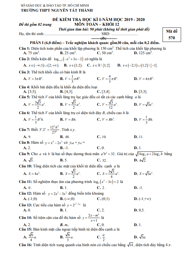 Đề thi học kì 1 (HK1) lớp 12 môn Toán năm 2019 2020 trường Nguyễn Tất Thành TP HCM