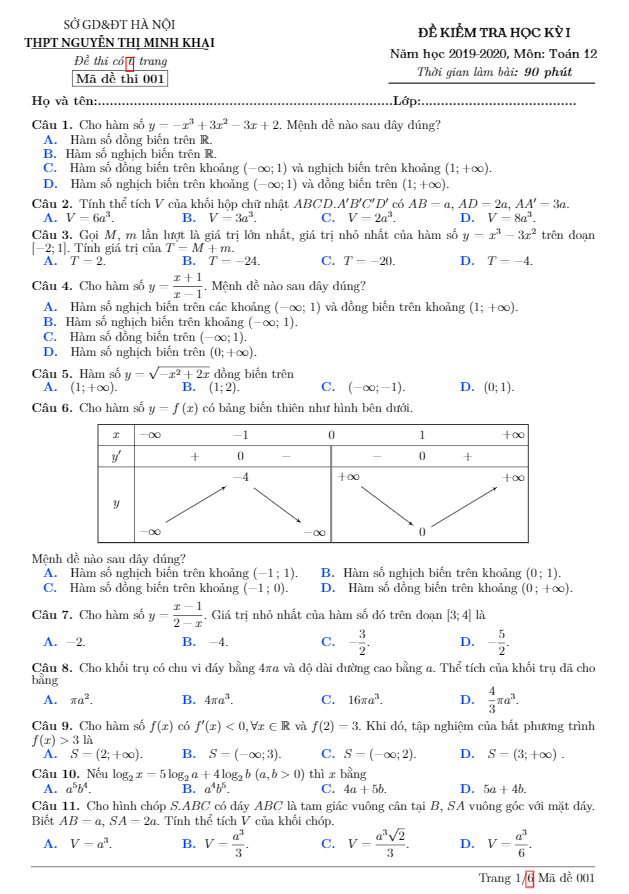 Đề thi học kì 1 (HK1) lớp 12 môn Toán năm 2019 2020 trường Nguyễn Thị Minh Khai Hà Nội