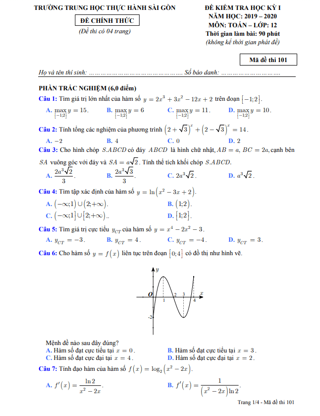 Đề thi học kì 1 (HK1) lớp 12 môn Toán năm 2019 2020 trường TH Thực hành Sài Gòn TP HCM
