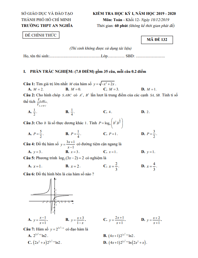 Đề thi học kì 1 (HK1) lớp 12 môn Toán năm 2019 2020 trường THPT An Nghĩa TP HCM