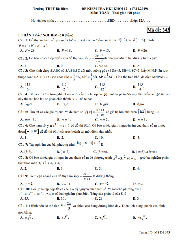 Đề thi học kì 1 (HK1) lớp 12 môn Toán năm 2019 2020 trường THPT Bà Điểm TP HCM