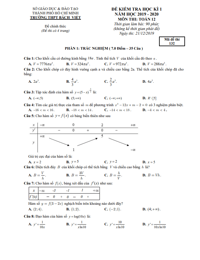 Đề thi học kì 1 (HK1) lớp 12 môn Toán năm 2019 2020 trường THPT Bách Việt TP HCM
