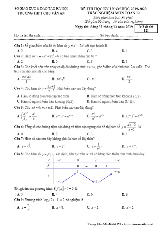 Đề thi học kì 1 (HK1) lớp 12 môn Toán năm 2019 2020 trường THPT Chu Văn An Hà Nội