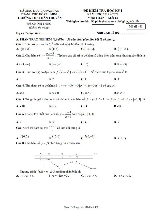 Đề thi học kì 1 (HK1) lớp 12 môn Toán năm 2019 2020 trường THPT Hàn Thuyên TP HCM