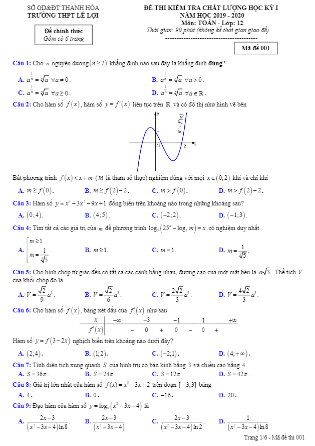 Đề thi học kì 1 (HK1) lớp 12 môn Toán năm 2019 2020 trường THPT Lê Lợi Thanh Hóa