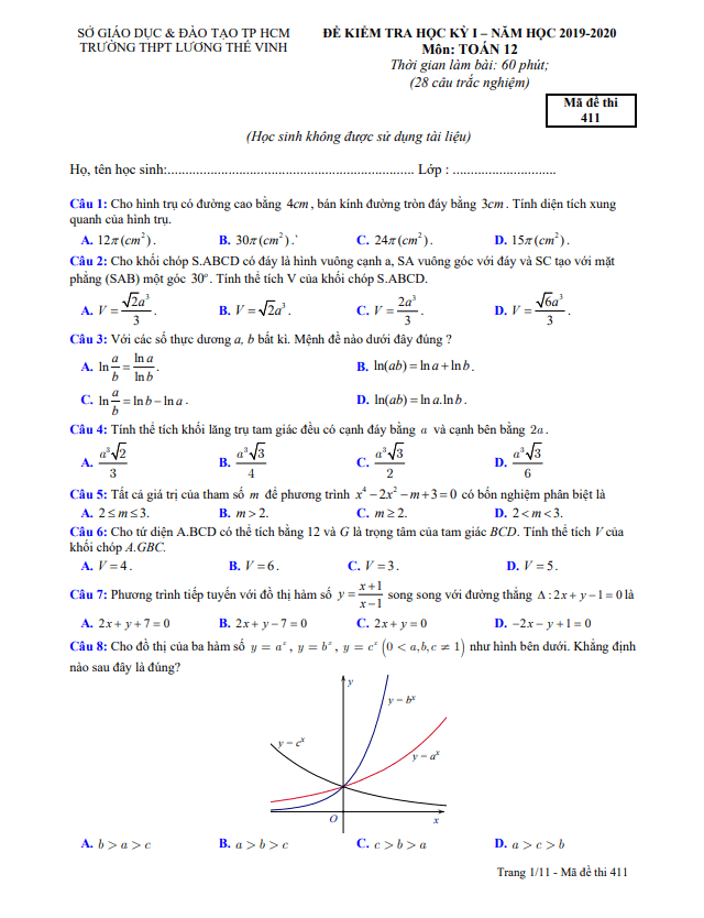 Đề thi học kì 1 (HK1) lớp 12 môn Toán năm 2019 2020 trường THPT Lương Thế Vinh TP HCM