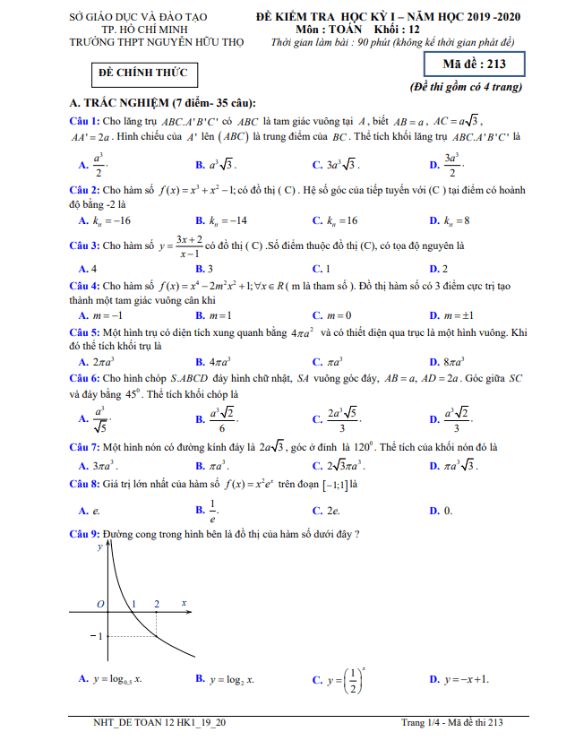 Đề thi học kì 1 (HK1) lớp 12 môn Toán năm 2019 2020 trường THPT Nguyễn Hữu Thọ TP HCM