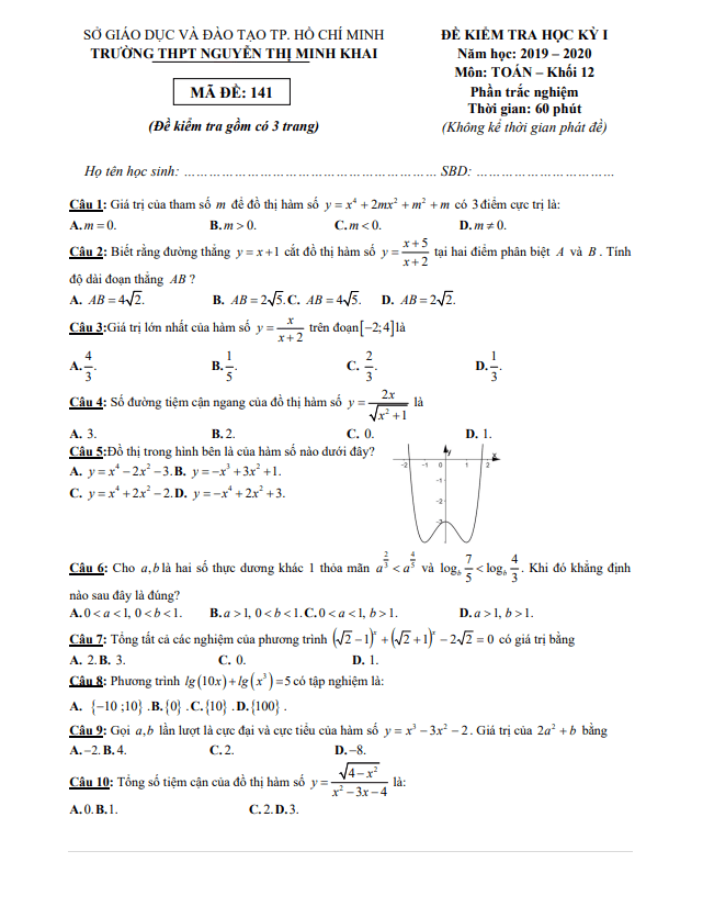 Đề thi học kì 1 (HK1) lớp 12 môn Toán năm 2019 2020 trường THPT Nguyễn Thị Minh Khai TP HCM