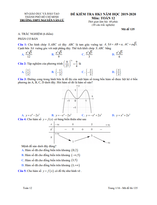 Đề thi học kì 1 (HK1) lớp 12 môn Toán năm 2019 2020 trường THPT Nguyễn Văn Cừ TP HCM