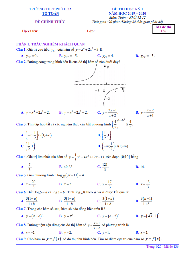 Đề thi học kì 1 (HK1) lớp 12 môn Toán năm 2019 2020 trường THPT Phú Hòa TP HCM