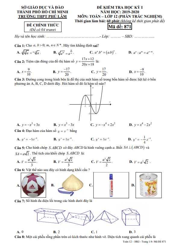 Đề thi học kì 1 (HK1) lớp 12 môn Toán năm 2019 2020 trường THPT Phú Lâm TP HCM