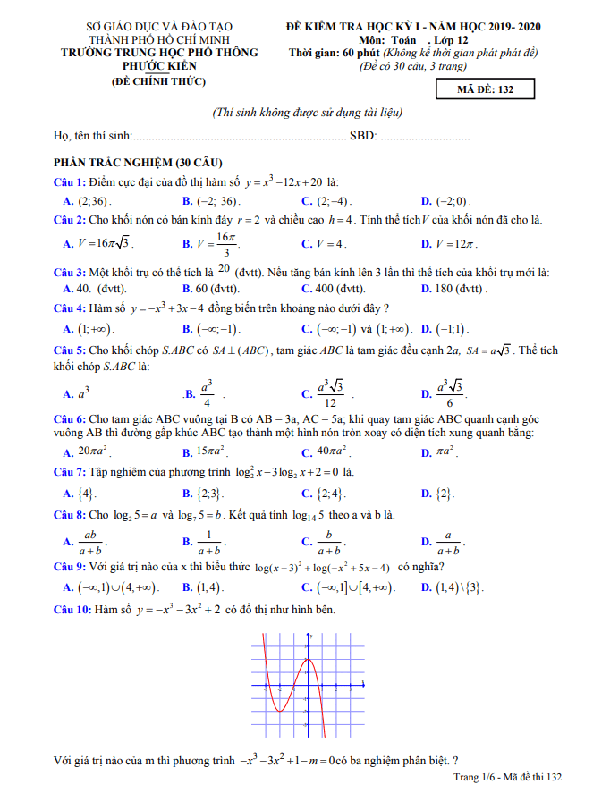 Đề thi học kì 1 (HK1) lớp 12 môn Toán năm 2019 2020 trường THPT Phước Kiển TP HCM