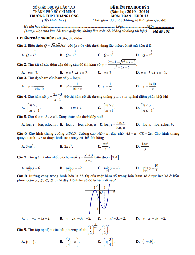 Đề thi học kì 1 (HK1) lớp 12 môn Toán năm 2019 2020 trường THPT Thăng Long TP HCM