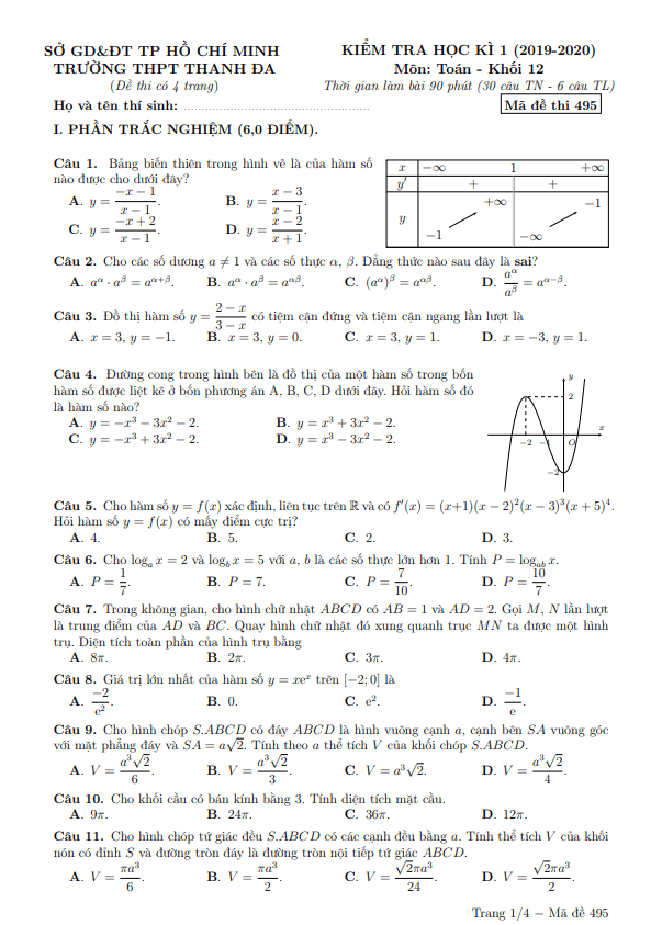 Đề thi học kì 1 (HK1) lớp 12 môn Toán năm 2019 2020 trường THPT Thanh Đa TP HCM