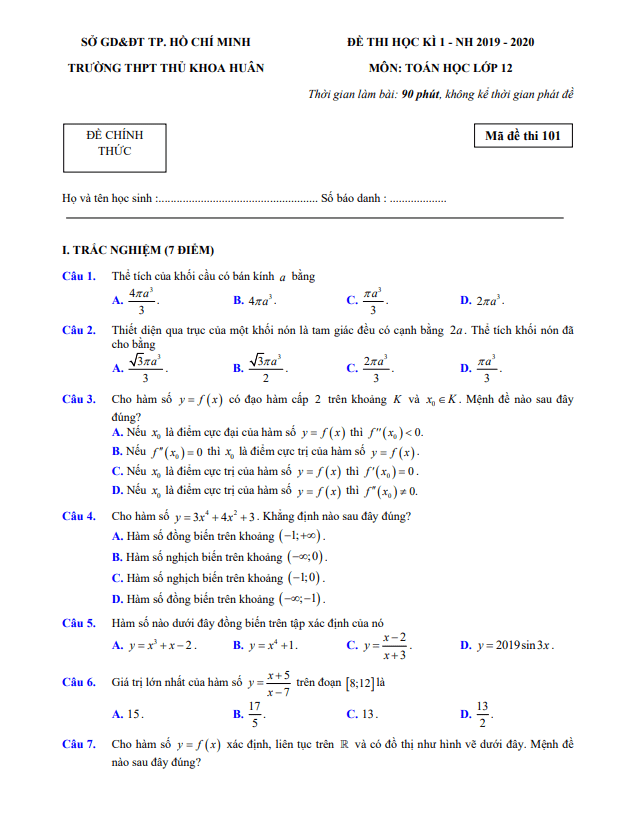 Đề thi học kì 1 (HK1) lớp 12 môn Toán năm 2019 2020 trường THPT Thủ Khoa Huân TP HCM